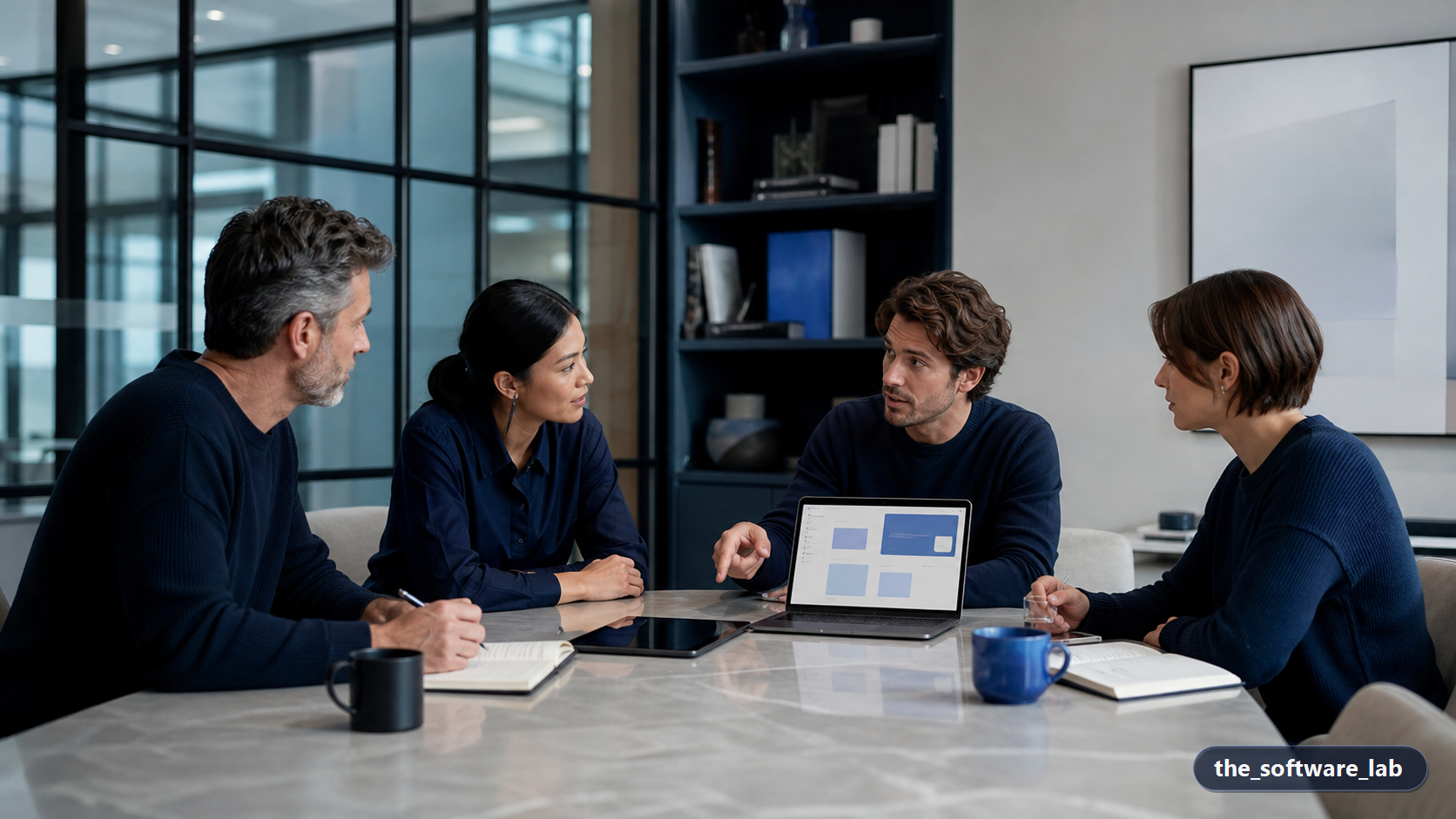 Senior software team collaborating in a premium office with live product interfaces visible on large screens