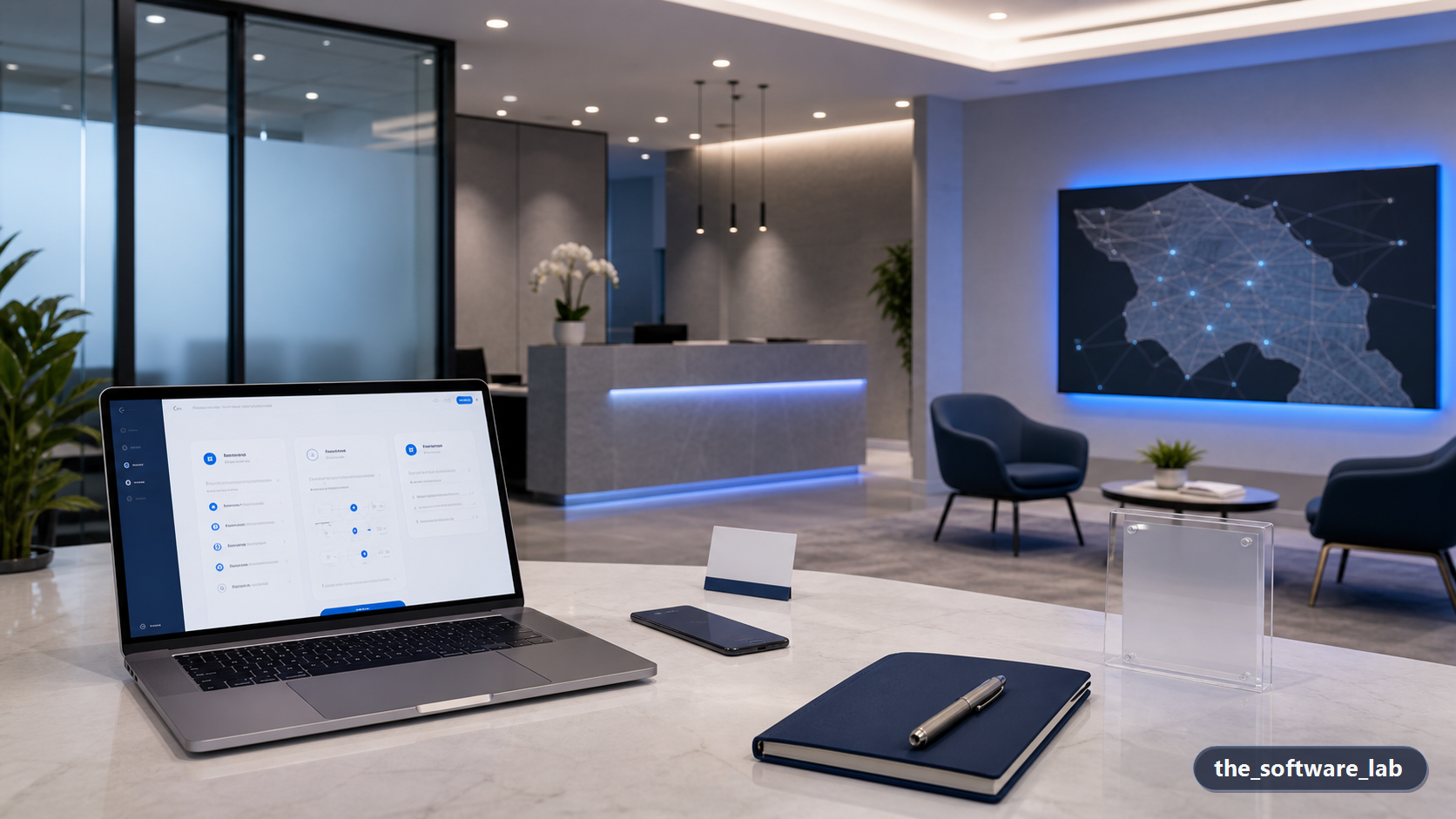 Premium studio reception and consultation area prepared for a software project conversation