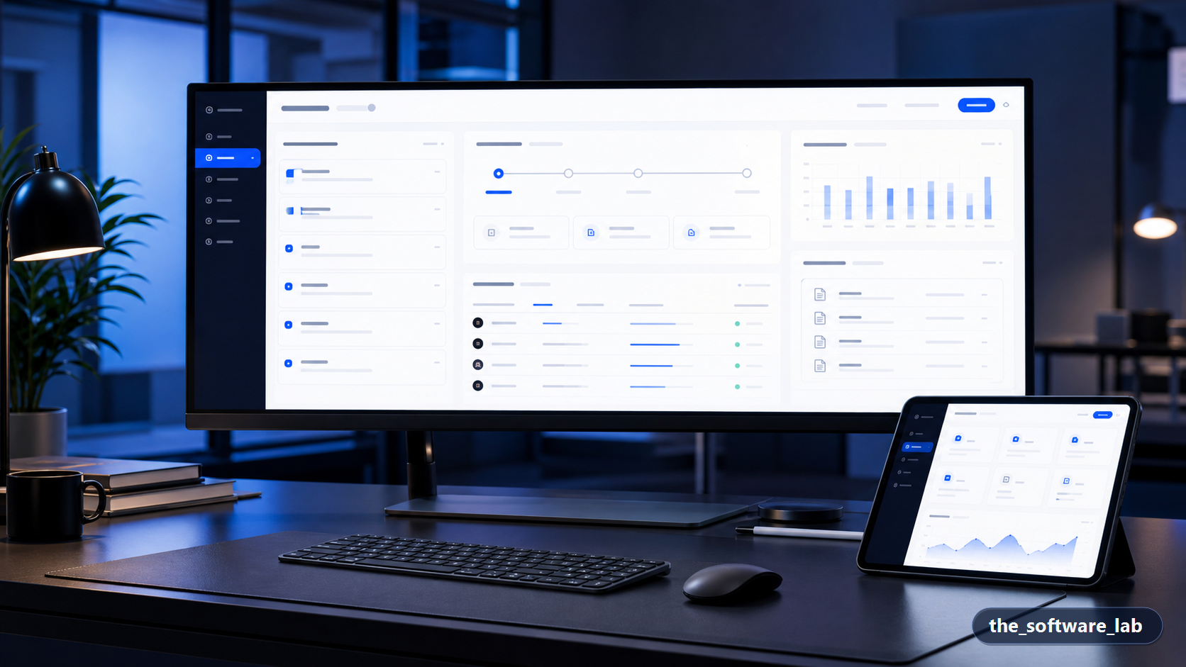 Premium client portal and operations dashboard displayed on desktop and tablet screens