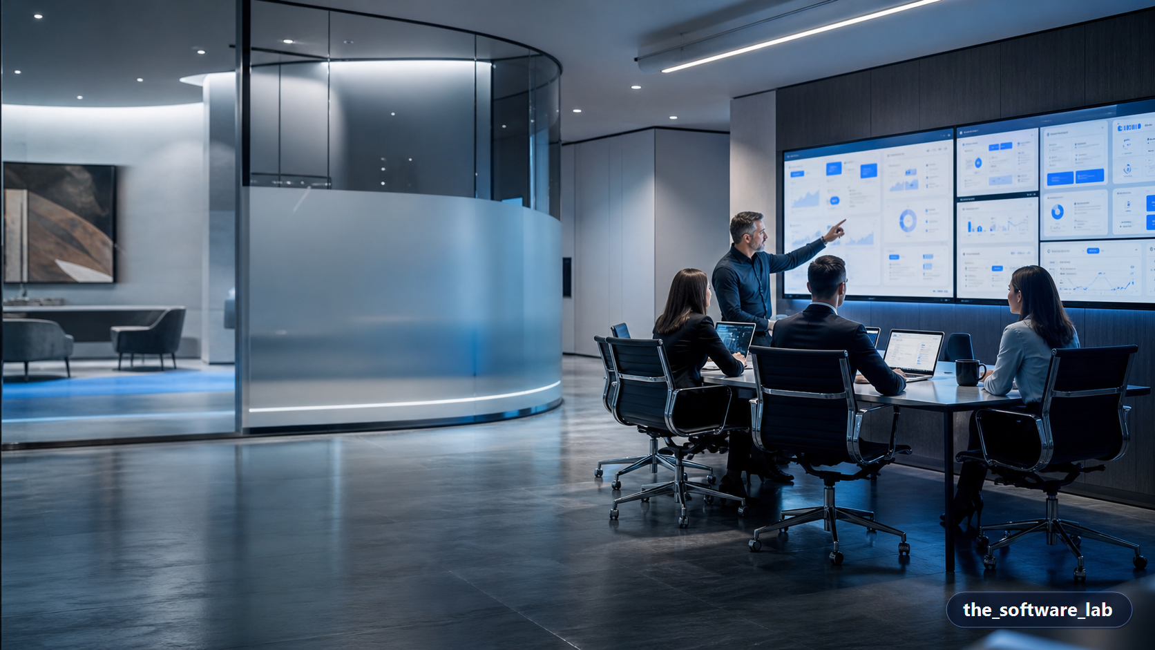 Professional software team engaged around large monitors showing live dashboards, portals, and application screens