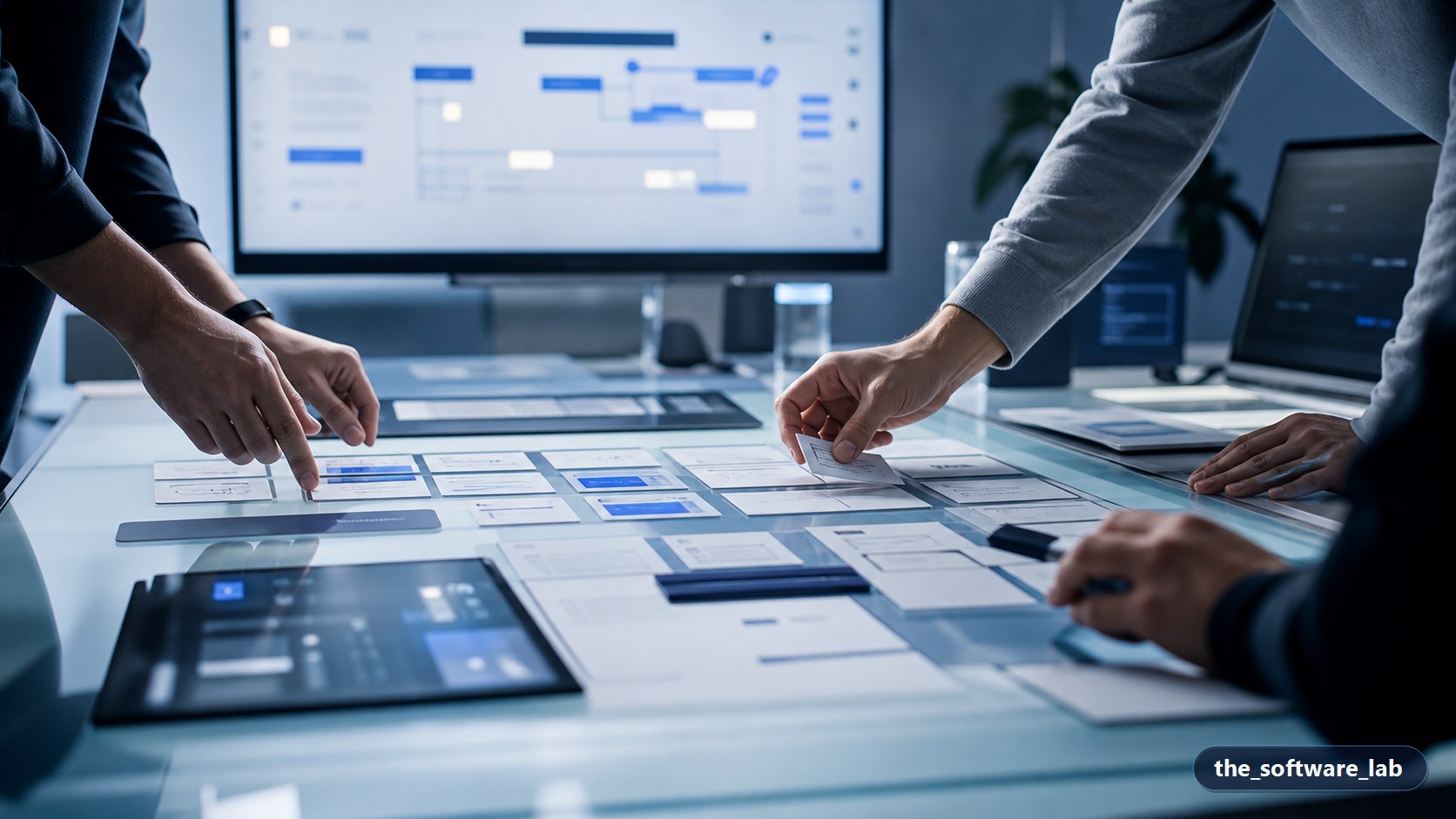 Hands arranging workflow cards and product interface sketches on a premium software strategy table