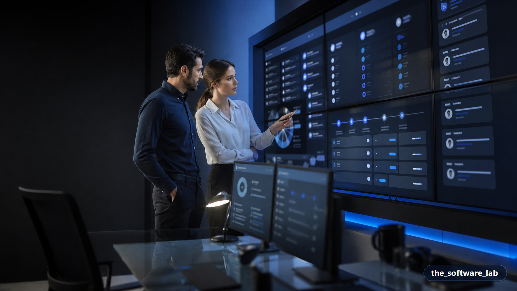Software launch review and support dashboard in a premium control room