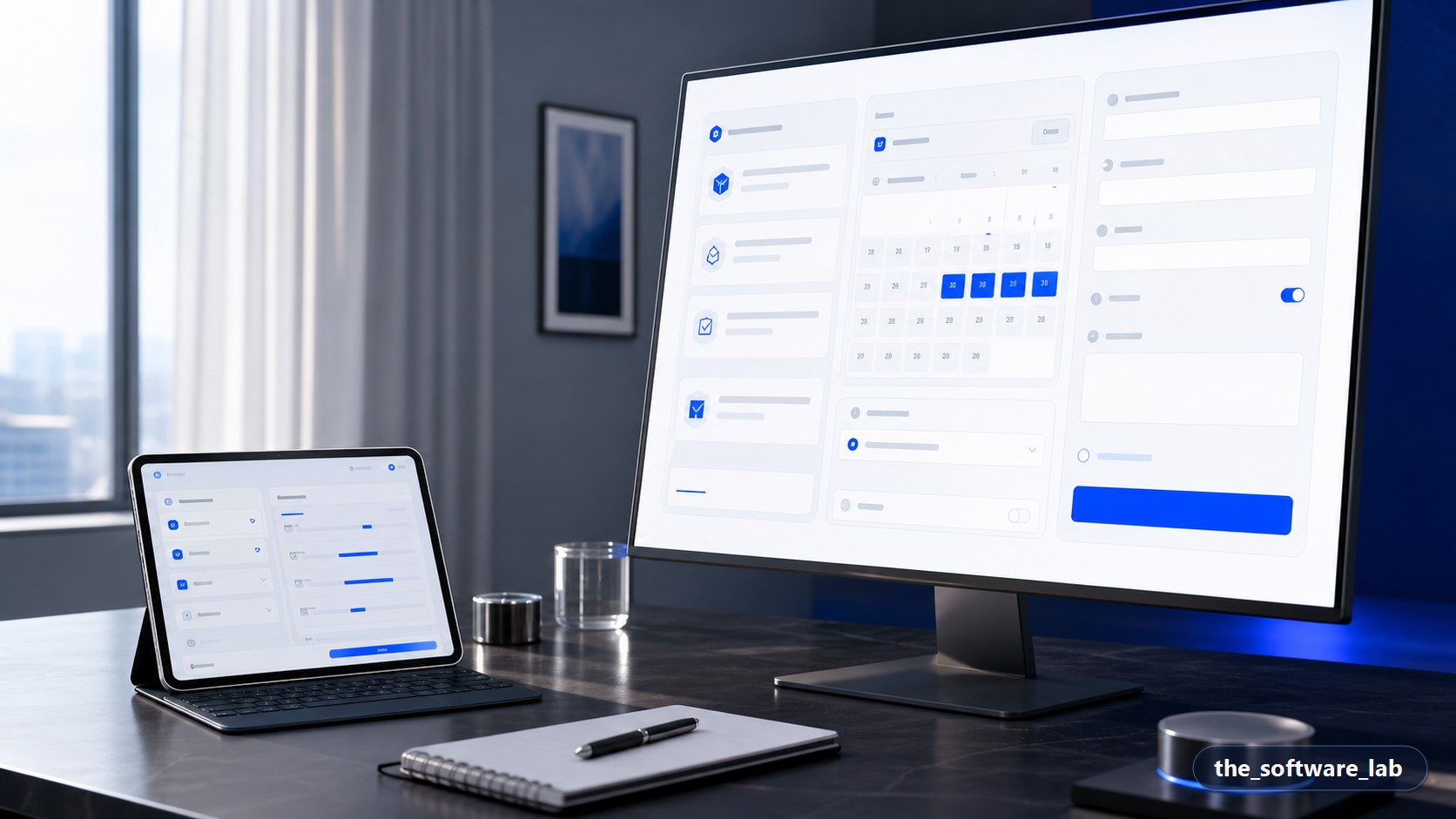 Premium request service intake and scheduling system displayed on desktop screens