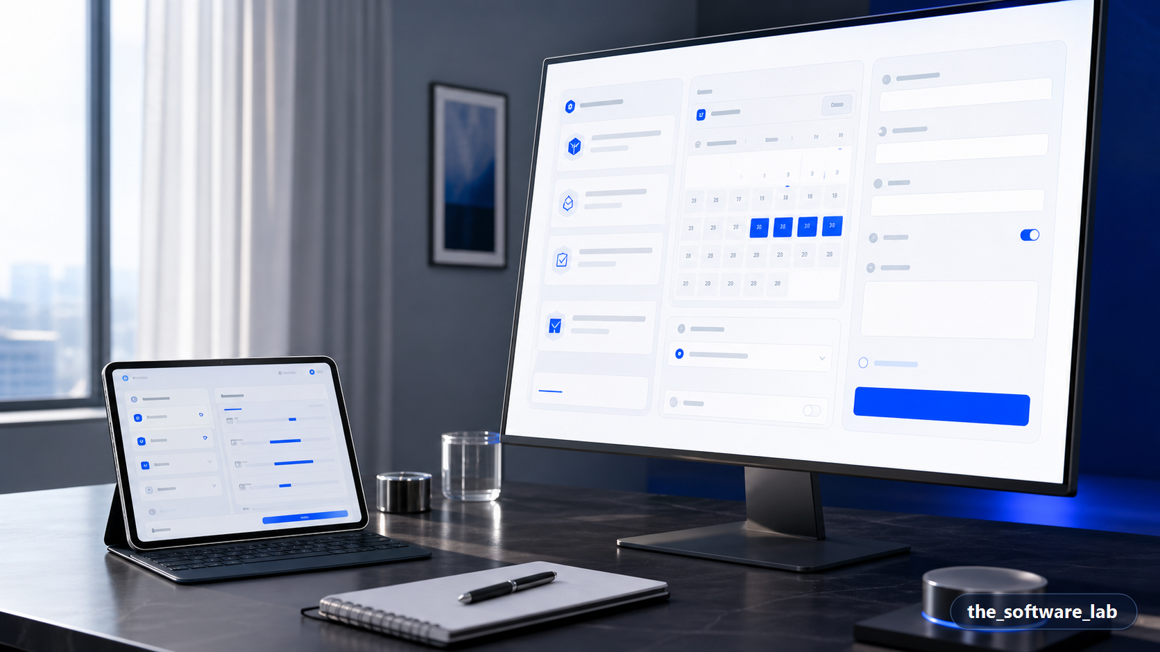 Premium request service intake and scheduling system displayed on desktop screens