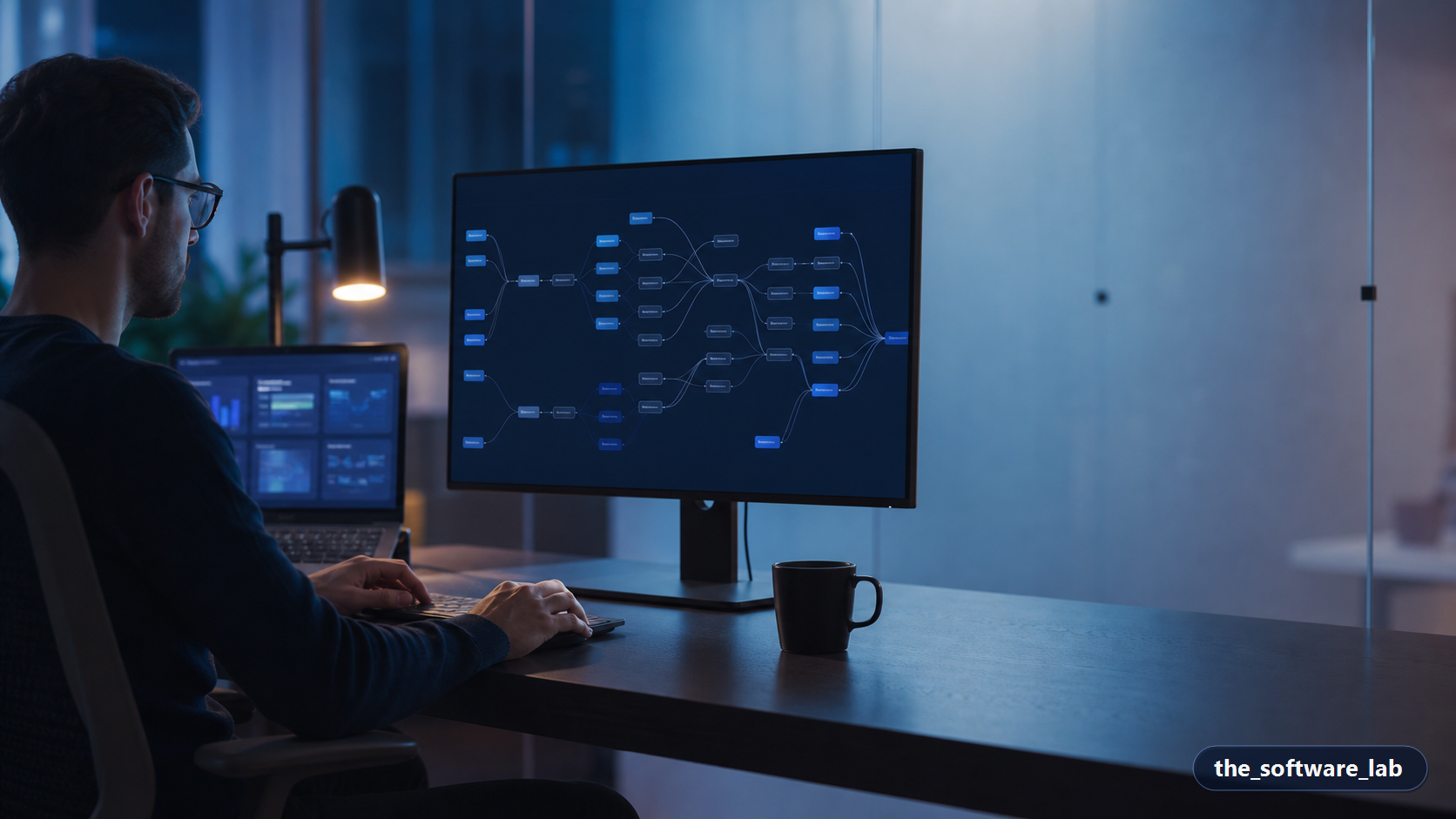 Developer reviewing an AI-assisted workflow map and operational dashboard in a refined studio
