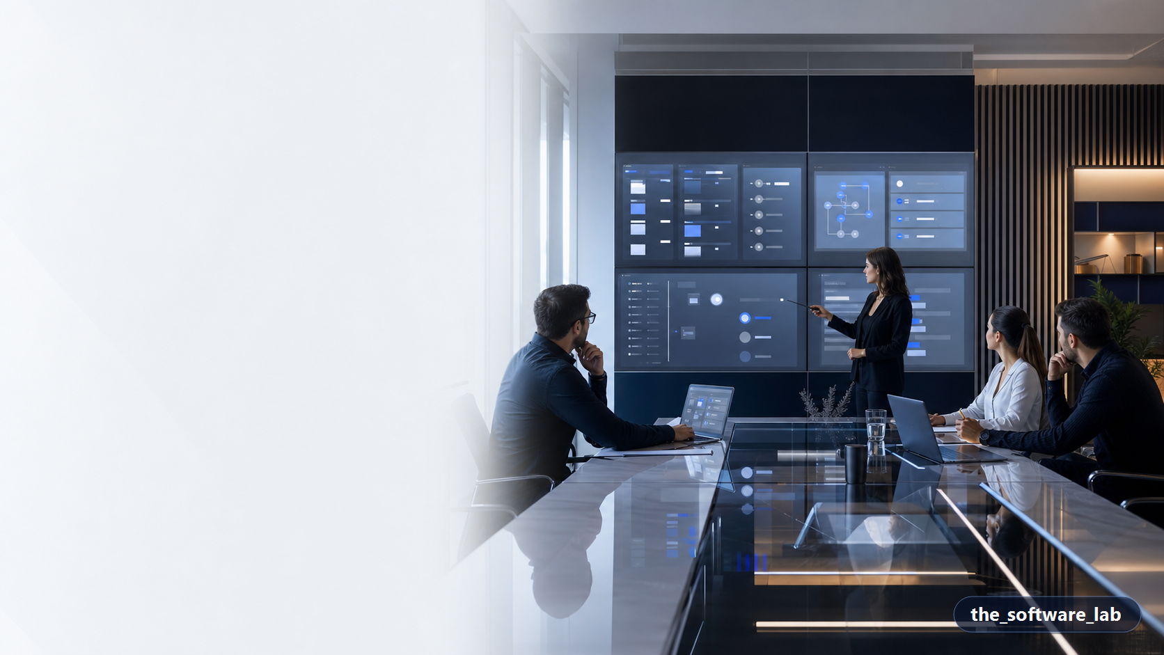 Professional software team reviewing live service dashboards and application screens on large monitors